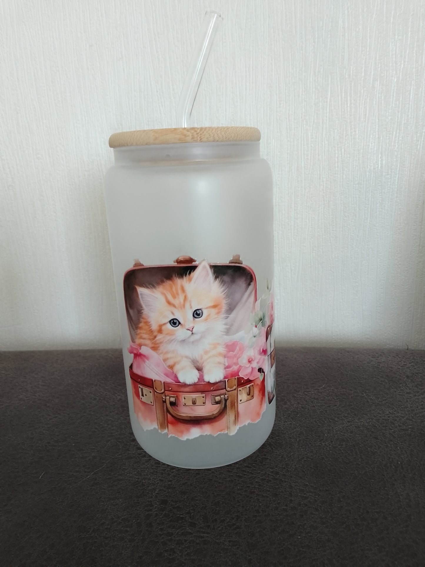 Trinkglas mit Katzenmotiv & Bambusdeckel – 500 ml