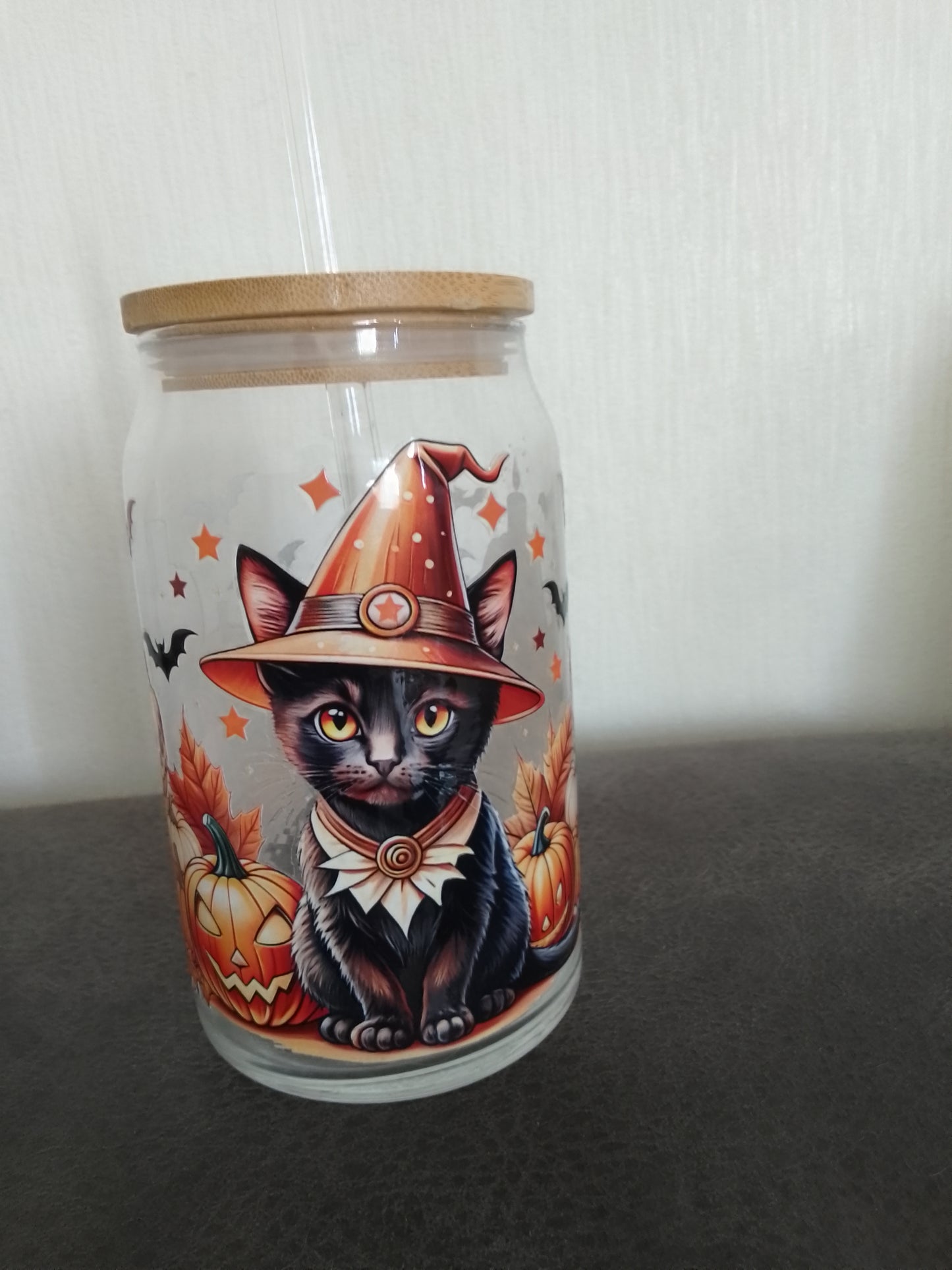 Halloween-trinkglas mit Strohhalm & Bambus-Deckel