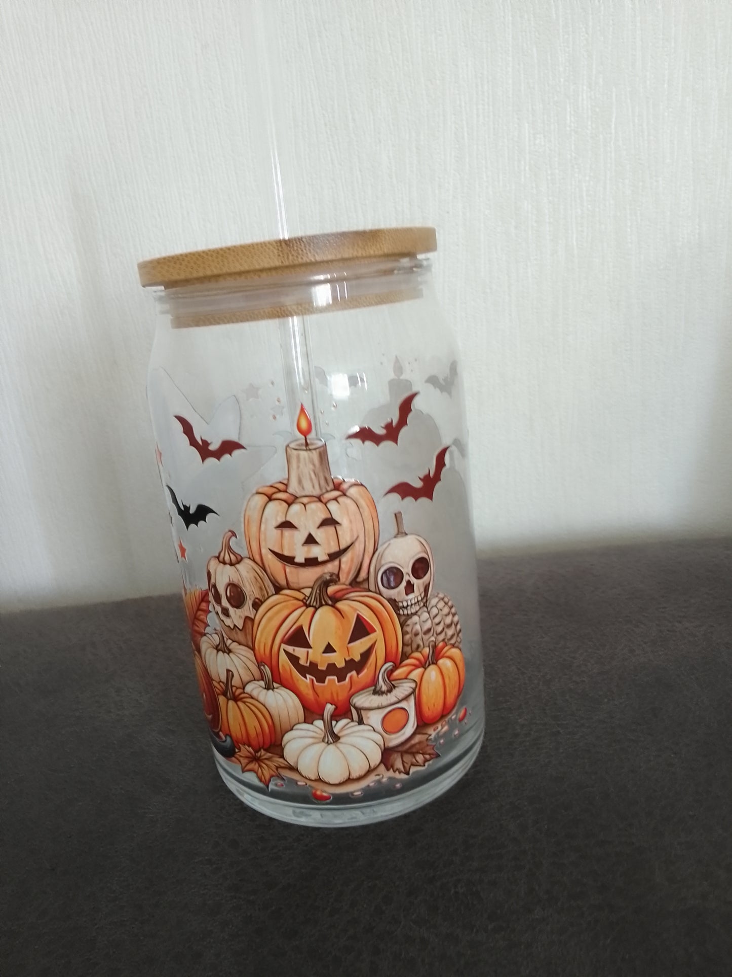 Halloween-trinkglas mit Strohhalm & Bambus-Deckel