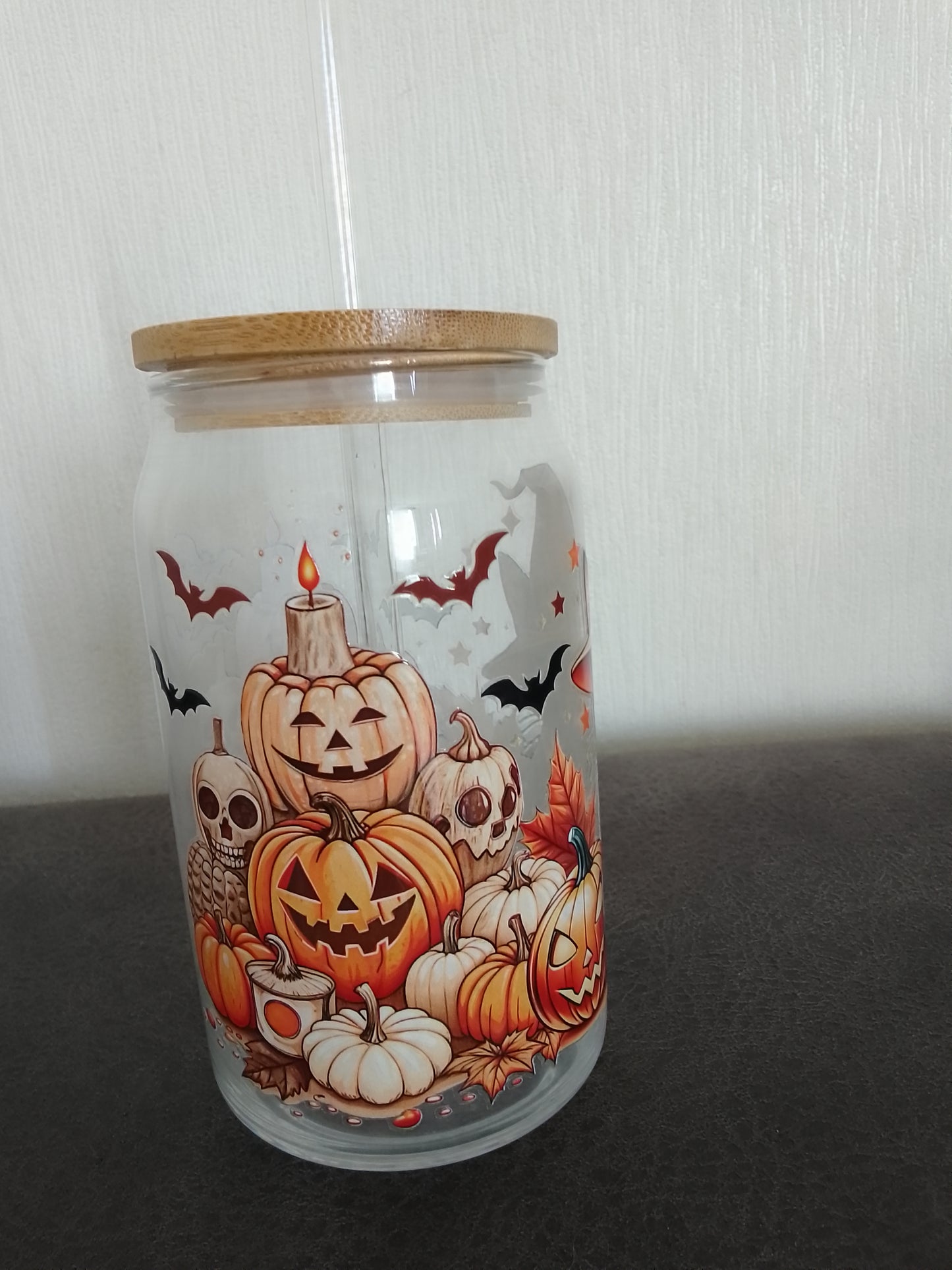 Halloween-trinkglas mit Strohhalm & Bambus-Deckel
