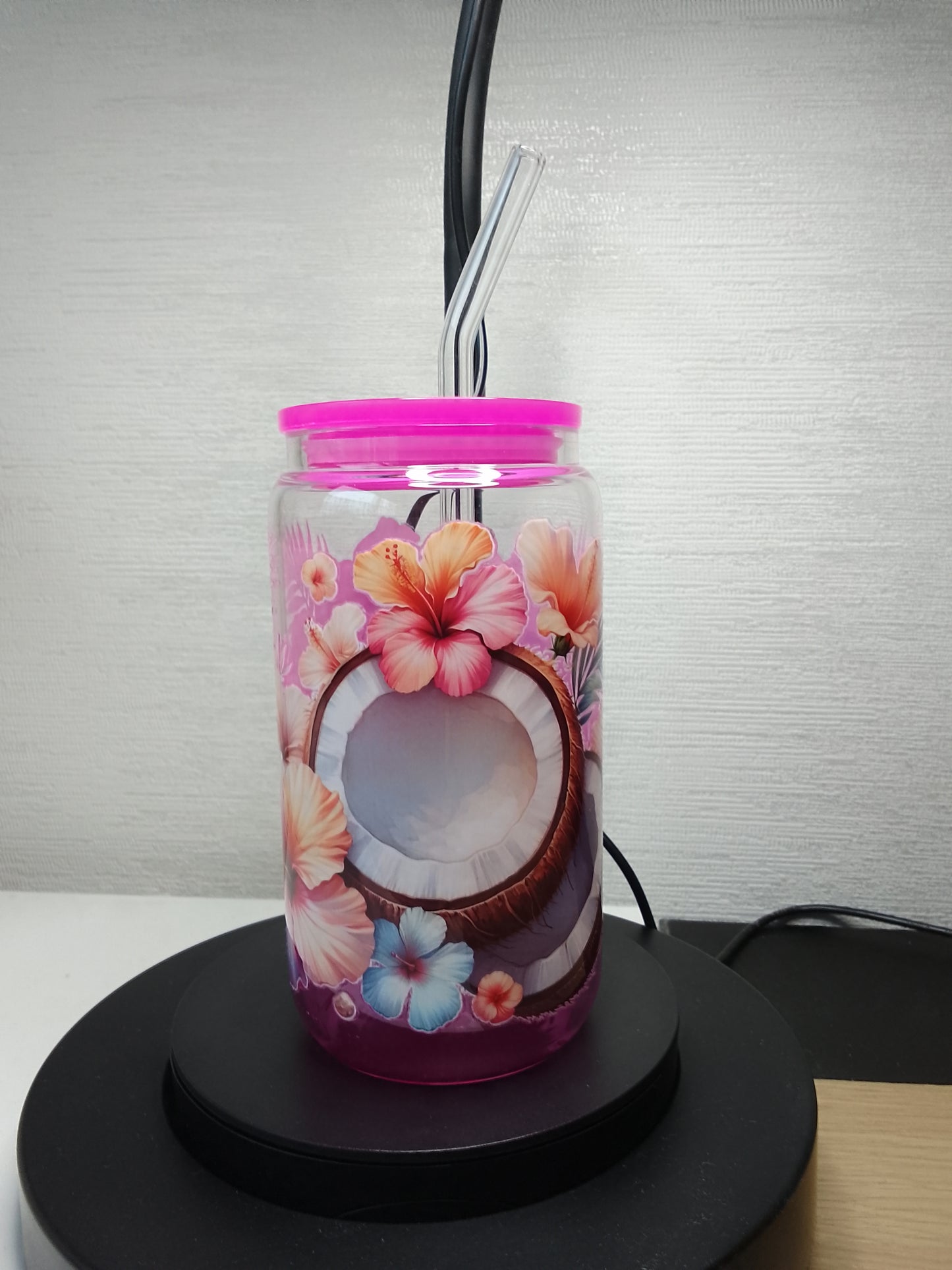 Tropical Coconut Glas – Trinkglas mit Deckel & Glasstrohhalm
