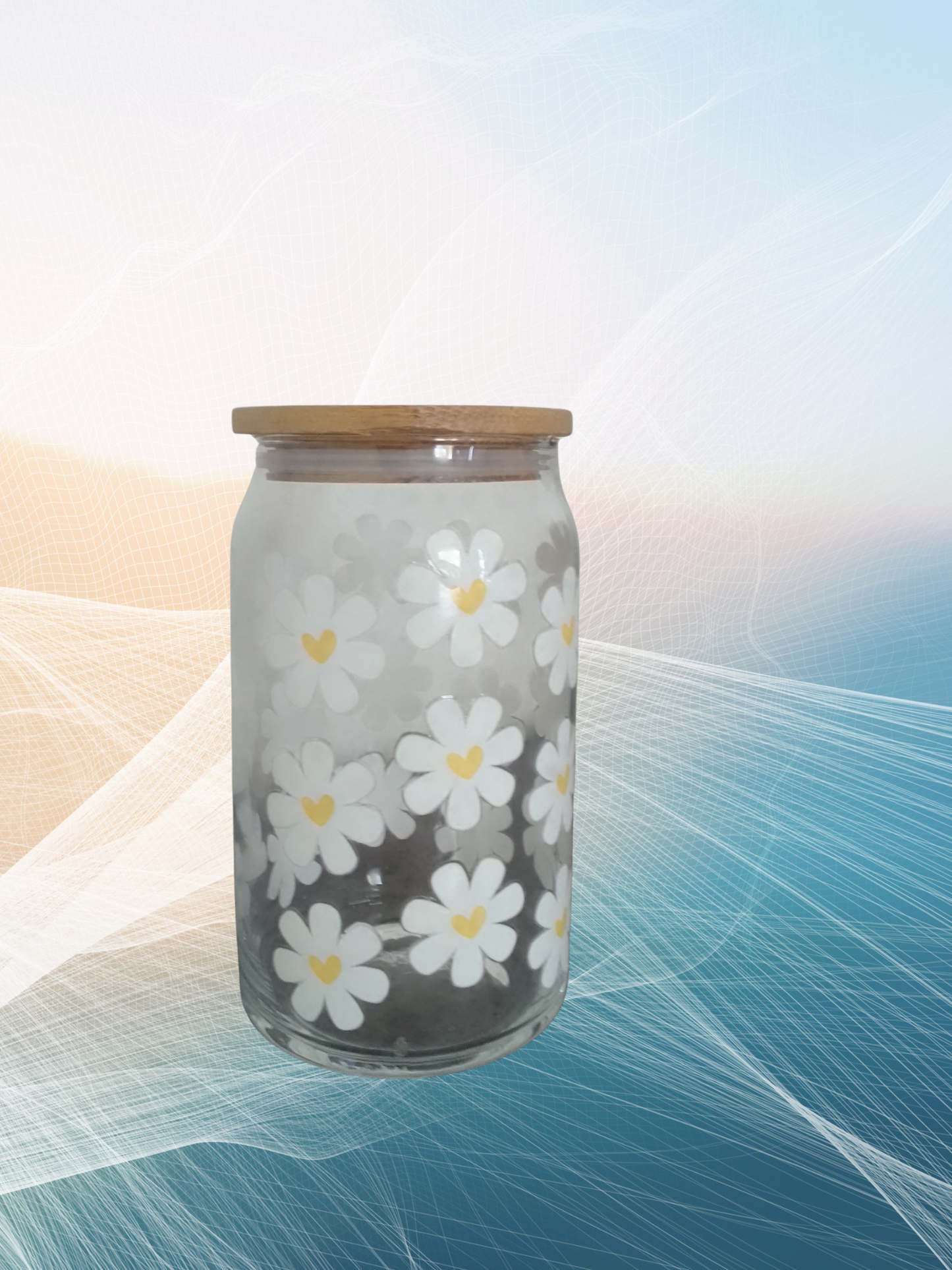 Trinkglas mit Bambusdeckel – Gänseblümchen mit Herz