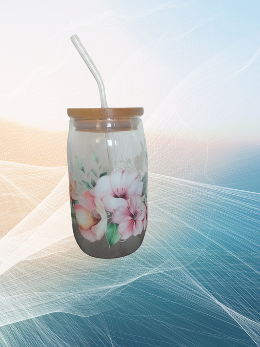 Mom Life – Trinkglas mit Holzdeckel & Blumen-Design – 470 ml