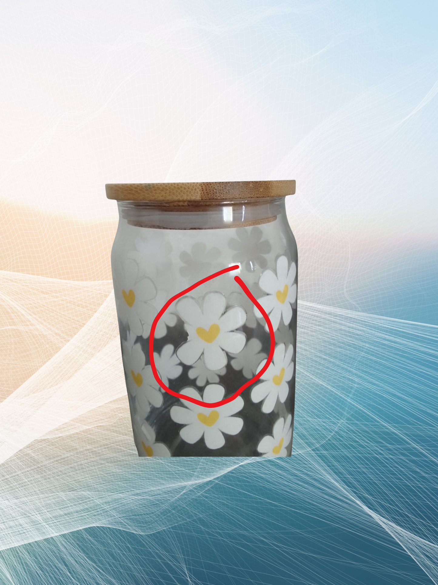 Trinkglas mit Bambusdeckel – Gänseblümchen mit Herz