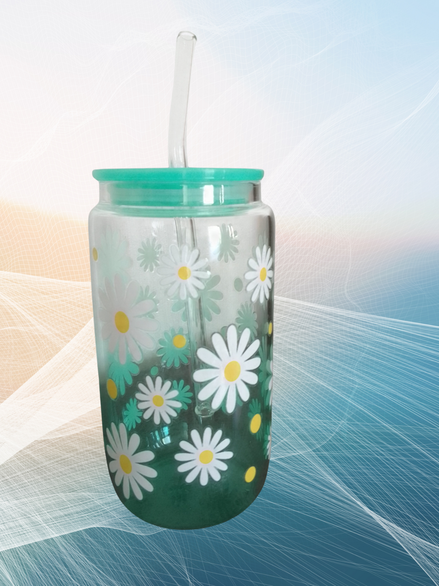 Trinkglas mit Bambusdeckel – Gänseblümchen Design (500 ml)