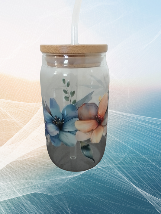 Trinkglas mit Bambusdeckel – Blumen Aquarell (470 ml)