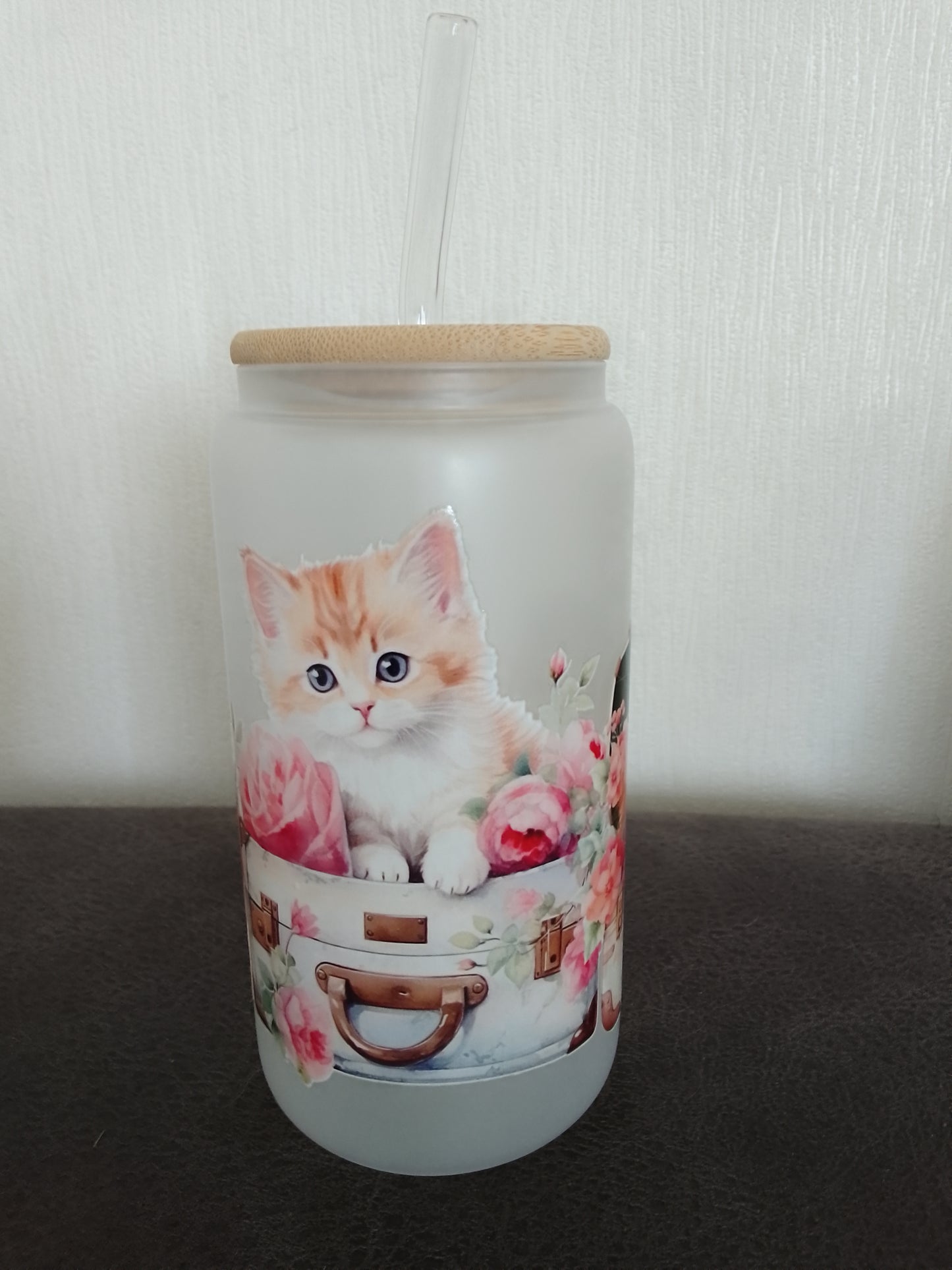 Trinkglas mit Katzenmotiv & Bambusdeckel – 500 ml