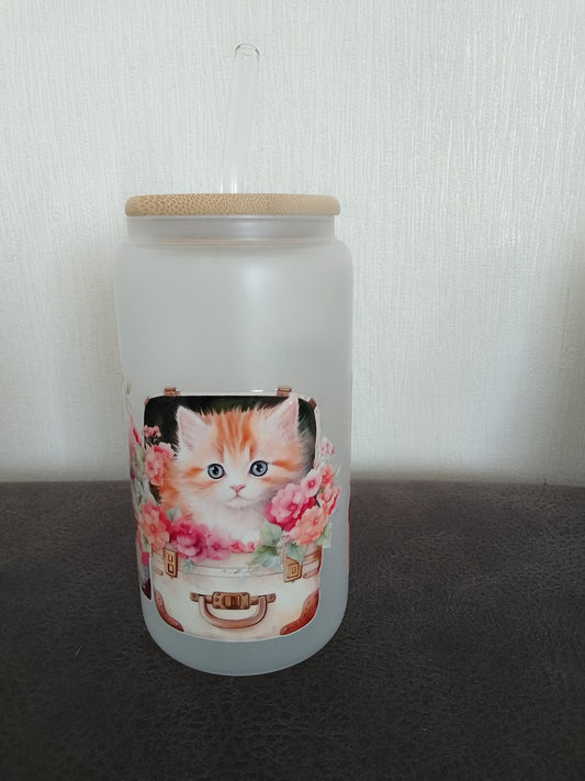 Trinkglas mit Katzenmotiv & Bambusdeckel – 500 ml