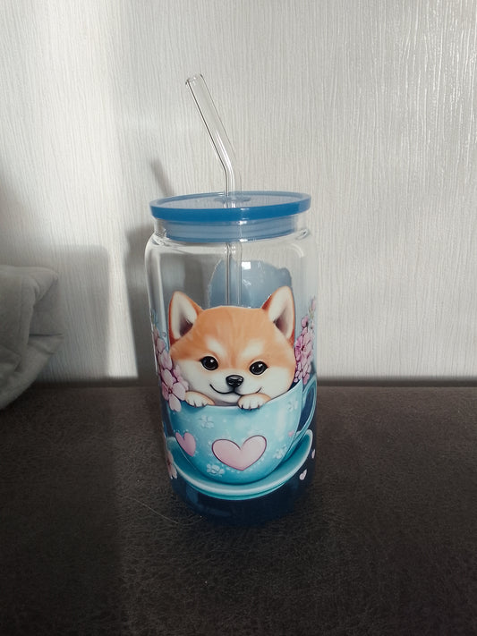 Trinkglas mit süßem Hundemotiv & Deckel – 500 ml