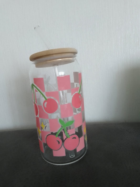 Glasbecher mit Kirsch-Design & Bambusdeckel – 500 ml