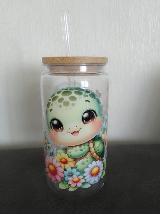 Süßer 500-ml-Trinkbecher mit Schildkrötenmotiv und Bambusdeckel