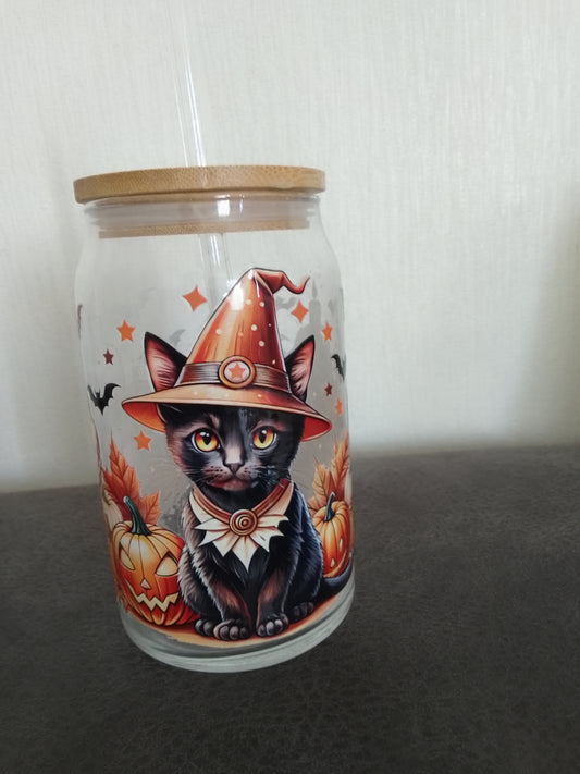 Halloween-trinkglas mit Strohhalm & Bambus-Deckel