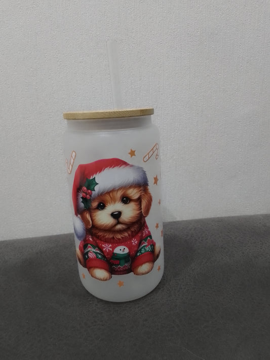 Trinkglas „Weihnachtshund“ mit Bambusdeckel & Glasstrohhalm