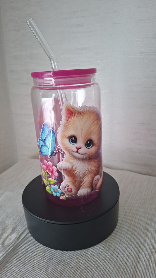 Pinkes Ombre-Trinkglas mit Kätzchen-Motiv