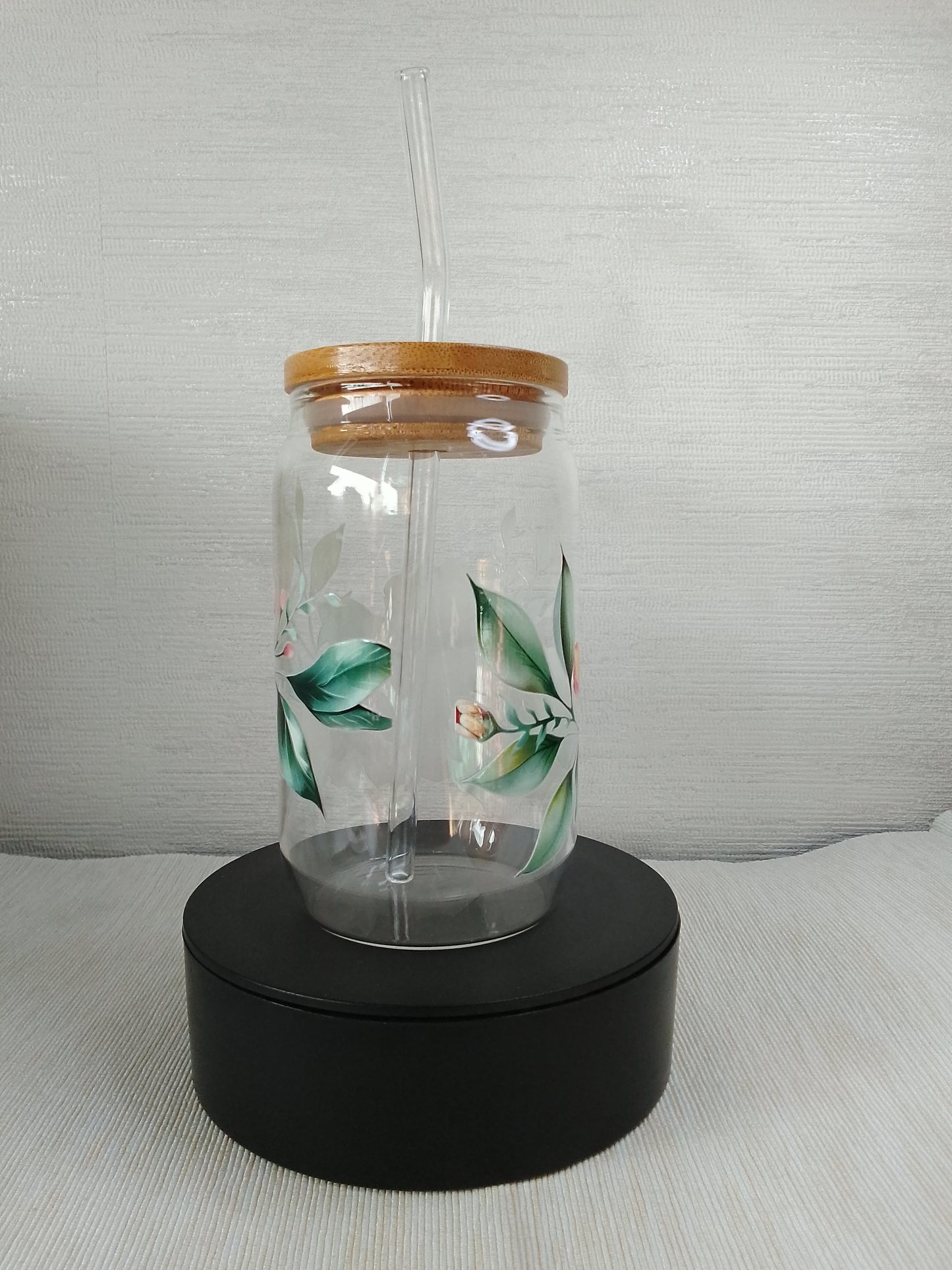 Trinkglas mit Holzdeckel & Blumen-Design – 470 ml