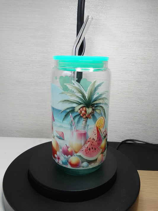 Tropical Fruit Paradise Glas mit Deckel & Glasstrohhalm