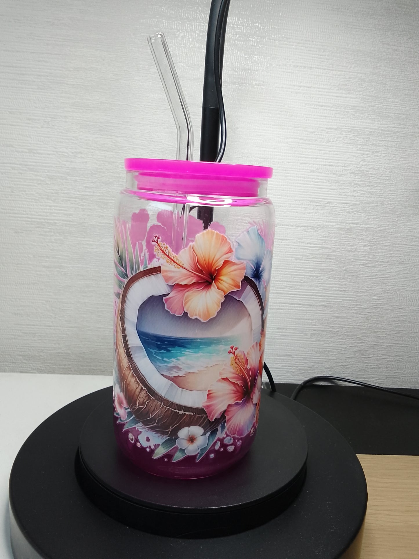 Tropical Coconut Glas – Trinkglas mit Deckel & Glasstrohhalm