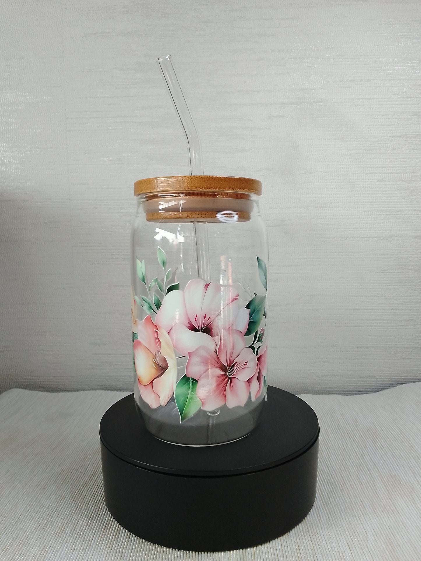 Trinkglas mit Holzdeckel & Blumen-Design – 470 ml