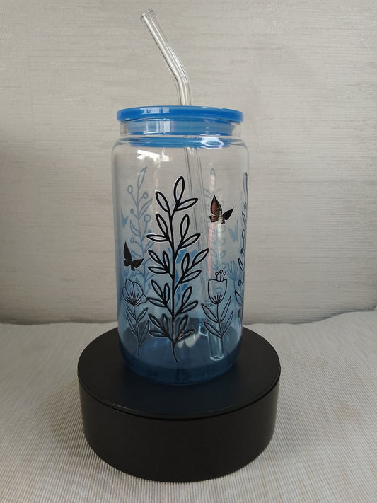 Trinkglas mit floralen Motiven & Strohhalm – 500 ml